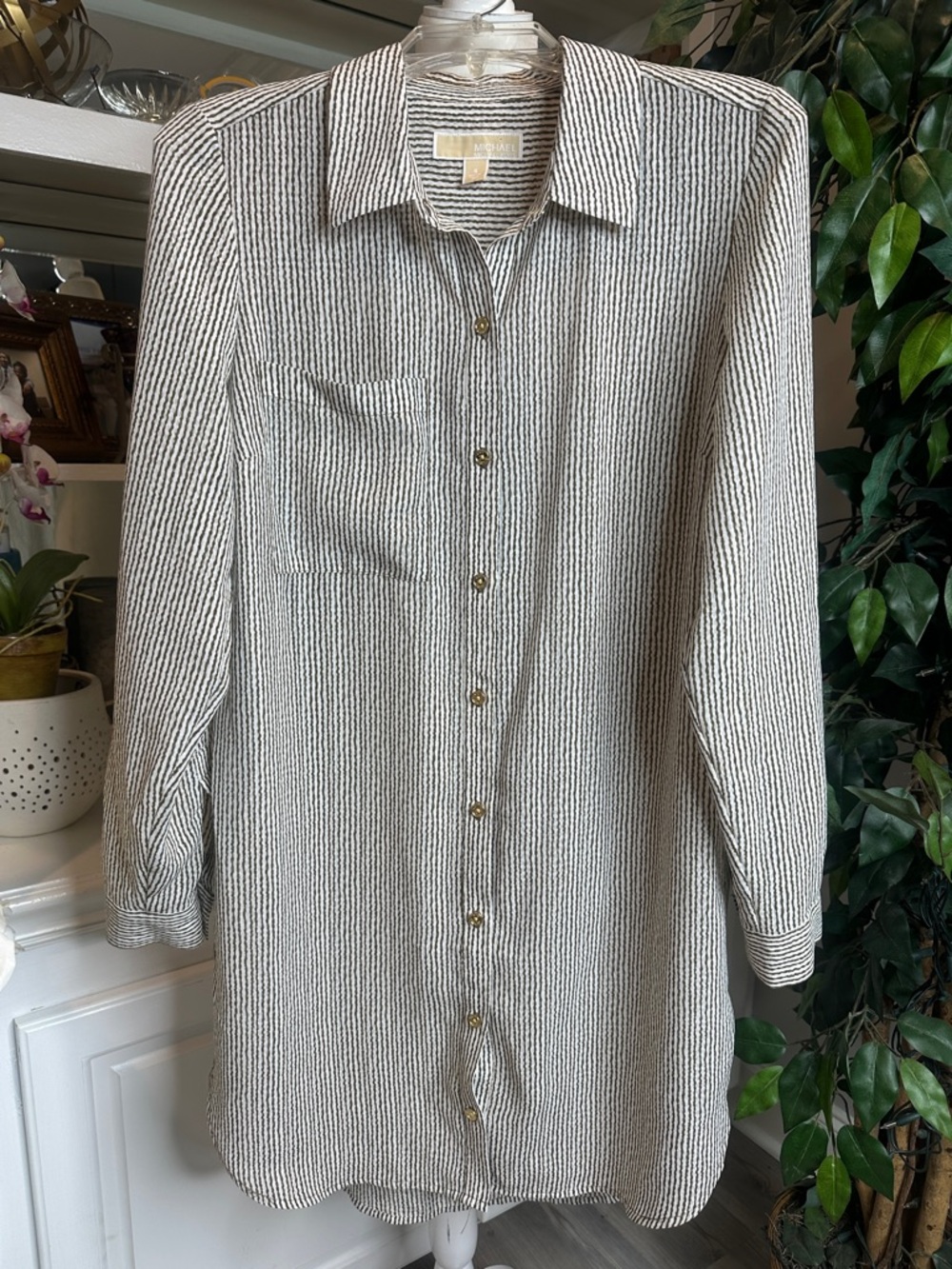 EUC Michael Kors Taupe & White Striped Midi Button Down Shirt Dress, 6